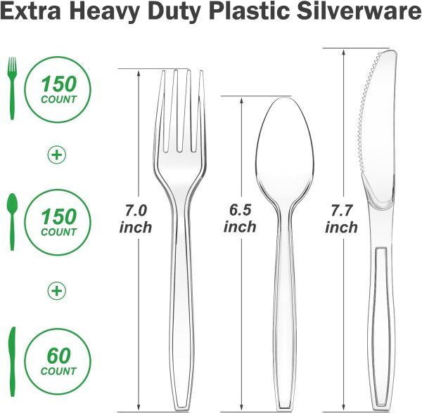 360 Count Extra Heavy Duty Clear Plastic Silverware, 150 Forks, 150 Spoons, 60 Knives, BPA-Free, Heat Resistant, Disposable Plastic Utensils Set, Plastic Cutlery Set, Plasticware Bulk - Image 2