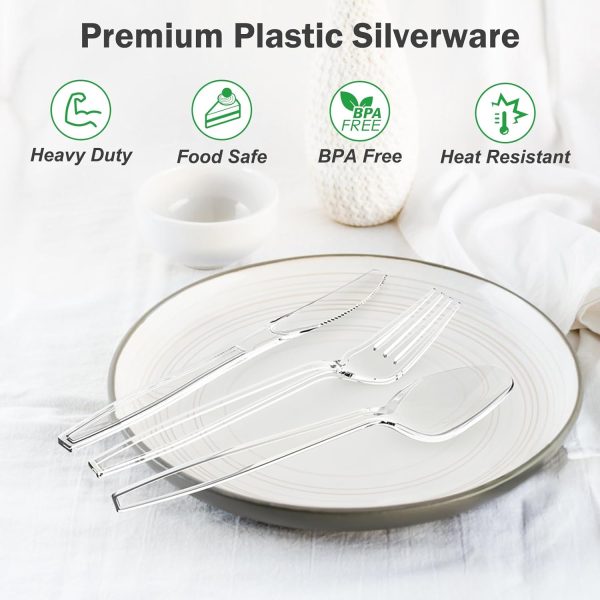 360 Count Extra Heavy Duty Clear Plastic Silverware, 150 Forks, 150 Spoons, 60 Knives, BPA-Free, Heat Resistant, Disposable Plastic Utensils Set, Plastic Cutlery Set, Plasticware Bulk - Image 3