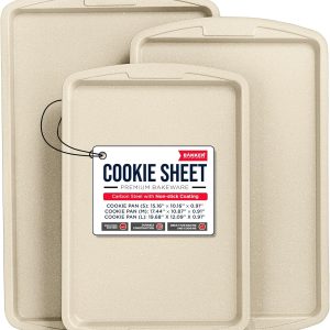Bakken Swiss Cookie Sheet 3 Piece Set - Non-Stick, Stackable Baking Pans, White marble Deluxe Ceramic Coating – Dishwasher Safe - for Home Baking