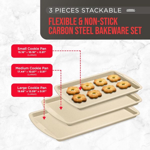 Bakken Swiss Cookie Sheet 3 Piece Set - Non-Stick, Stackable Baking Pans, White marble Deluxe Ceramic Coating – Dishwasher Safe - for Home Baking - Image 2