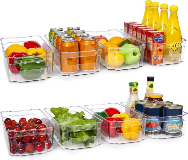 HOOJO Refrigerator Organizer Bins - 8pcs Clear Plastic Bins For Fridge, Freezer, Kitchen Cabinet, Pantry Organization, BPA Free Fridge Organizer, 12.5" Long, Clear