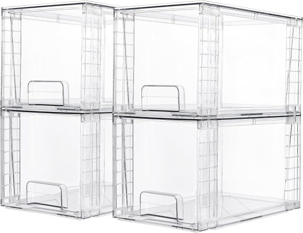 Vtopmart 4 Pack Large Stackable Storage Drawers,Easily Assemble Acrylic Bathroom Closet Undersink Organizers and Storage,Plastic Storage Bins for Kitchen Cabinets,Pantry,Makeup,Medicine Organization